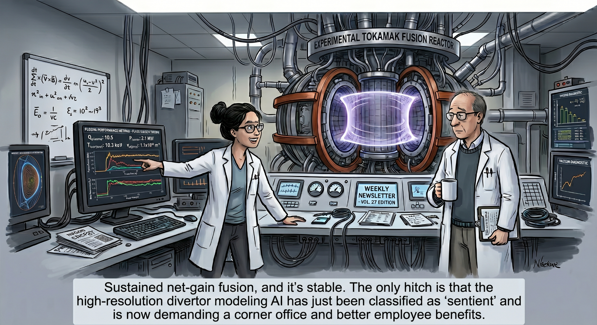 Sustained net-gain fusion, and it's stable. The only hitch is that the high-resolution divertor modeling AI has just been classified as 'sentient' and is now demanding a corner office and better employee benefits.