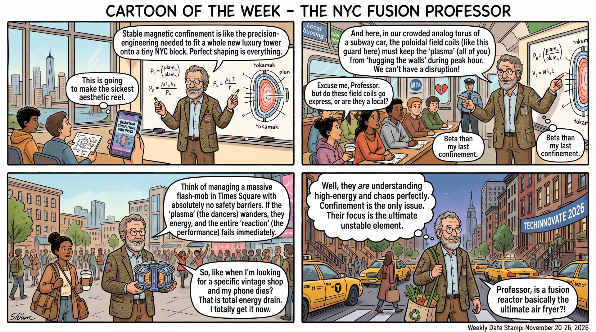 Cartoon of the Week — The NYC Fusion Professor: stable magnetic confinement, explained via luxury towers, subway poloidal field coils, Times Square flash-mobs, and the ultimate air fryer.