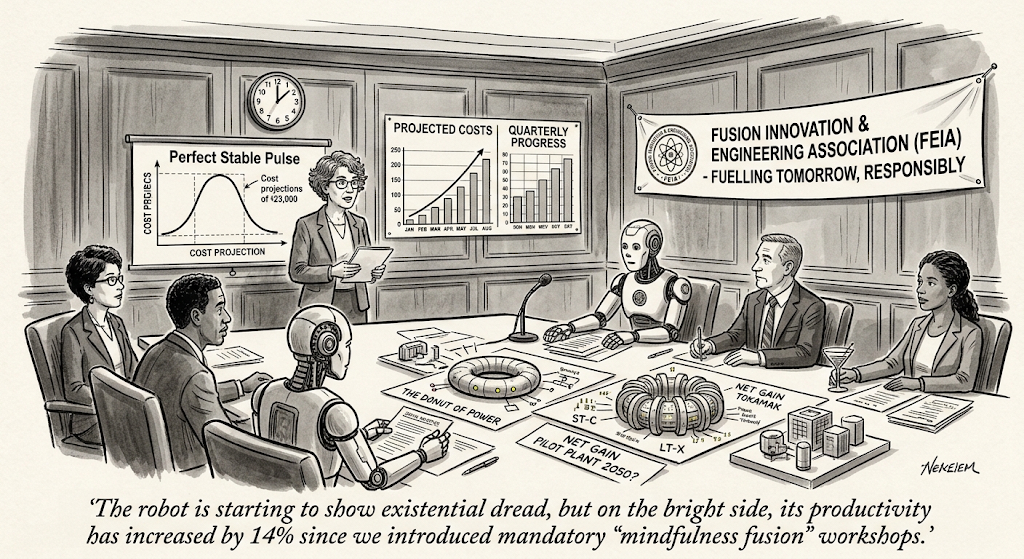 Cartoon of the Week — The FEIA quarterly board meeting: “The robot is starting to show existential dread, but on the bright side, its productivity has increased by 14% since we introduced mandatory ‘mindfulness fusion’ workshops.”