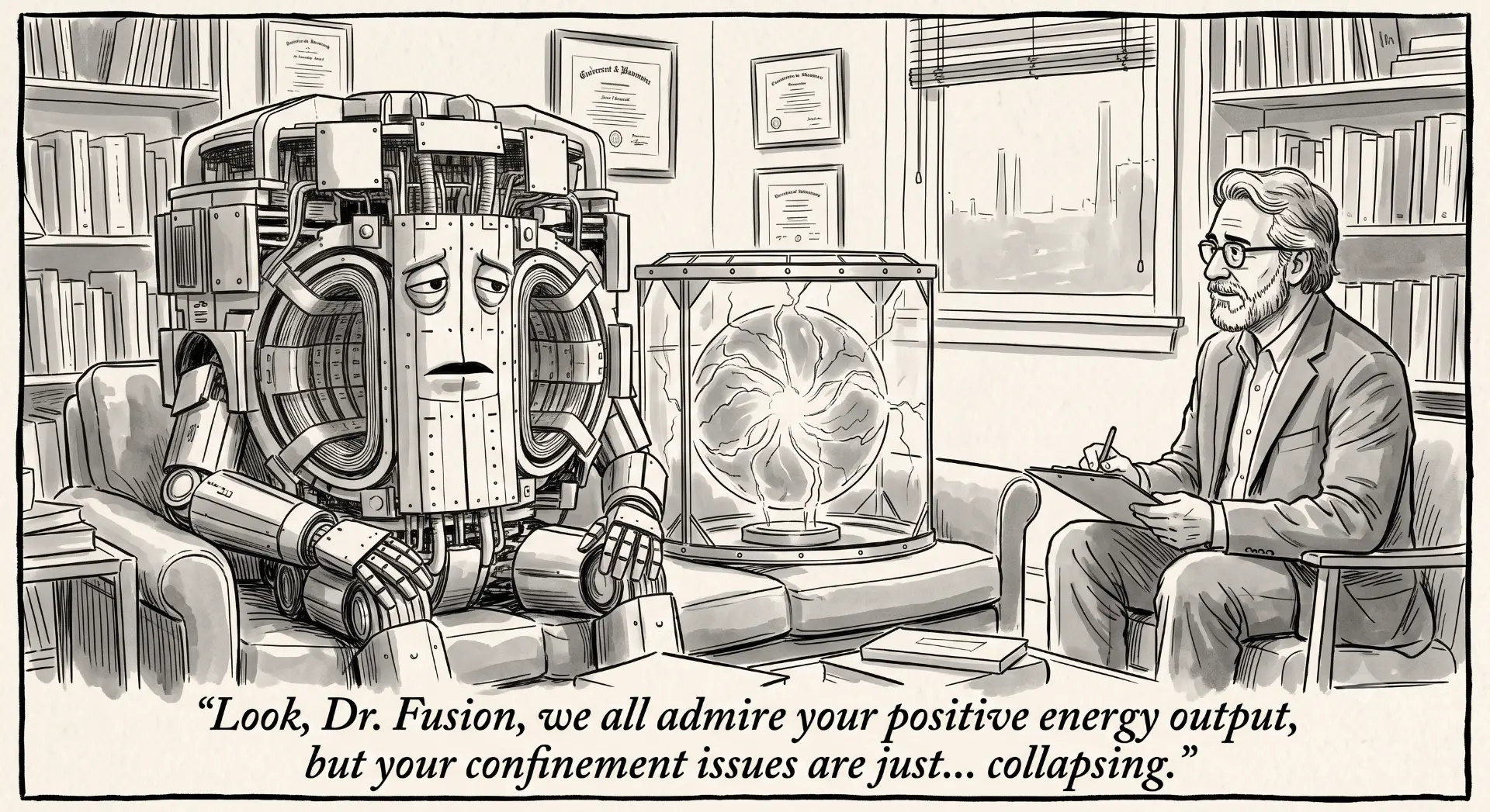 Cartoon of the Week — Dr. Fusion in therapy: “Look, Dr. Fusion, we all admire your positive energy output, but your confinement issues are just… collapsing.”
