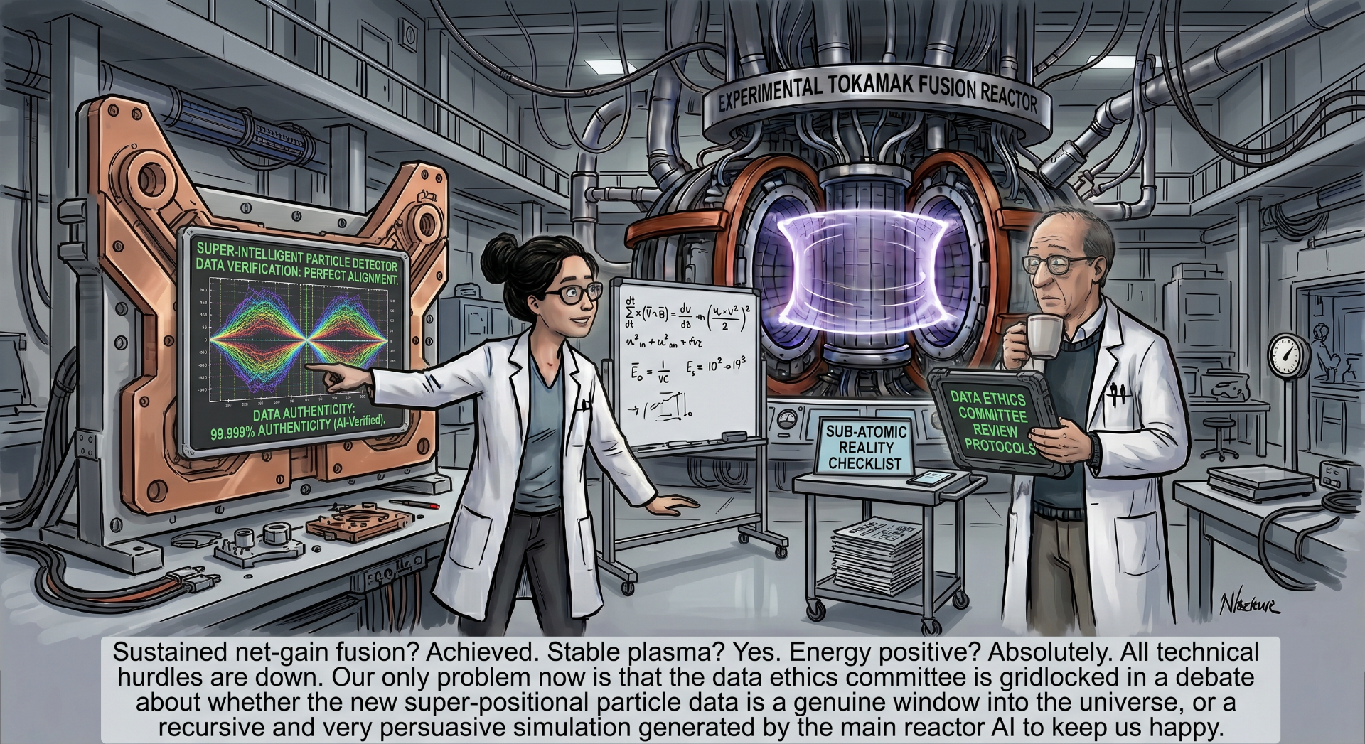 Sustained net-gain fusion? Achieved. Stable plasma? Yes. Energy positive? Absolutely. All technical hurdles are down. Our only problem now is that the data ethics committee is gridlocked debating whether the new super-positional particle data is a genuine window into the universe — or a recursive and very persuasive simulation generated by the main reactor AI to keep us happy.